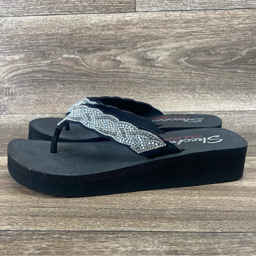 Skechers Yoga Foam Wms 10 Slip On Platform Thong Black Flip Flop Bling Sandal